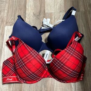 PINK Victoria's Secret Red Plaid and Blue Bra Duo